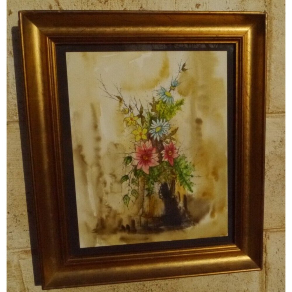 Original Watercolor Painting Flowers In A Vase Gold Frame Glass Signed Suria J